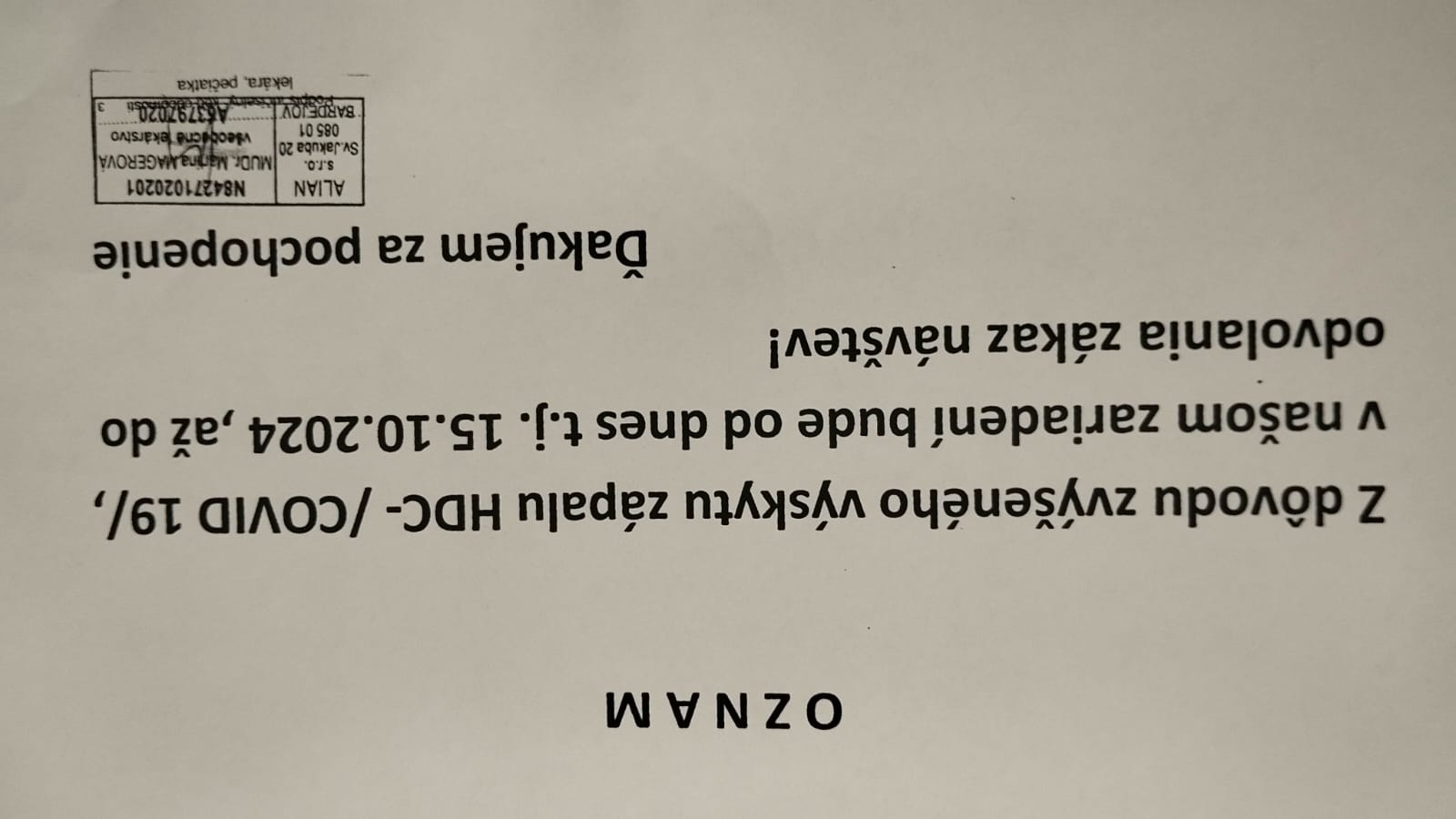Oznam covid T
